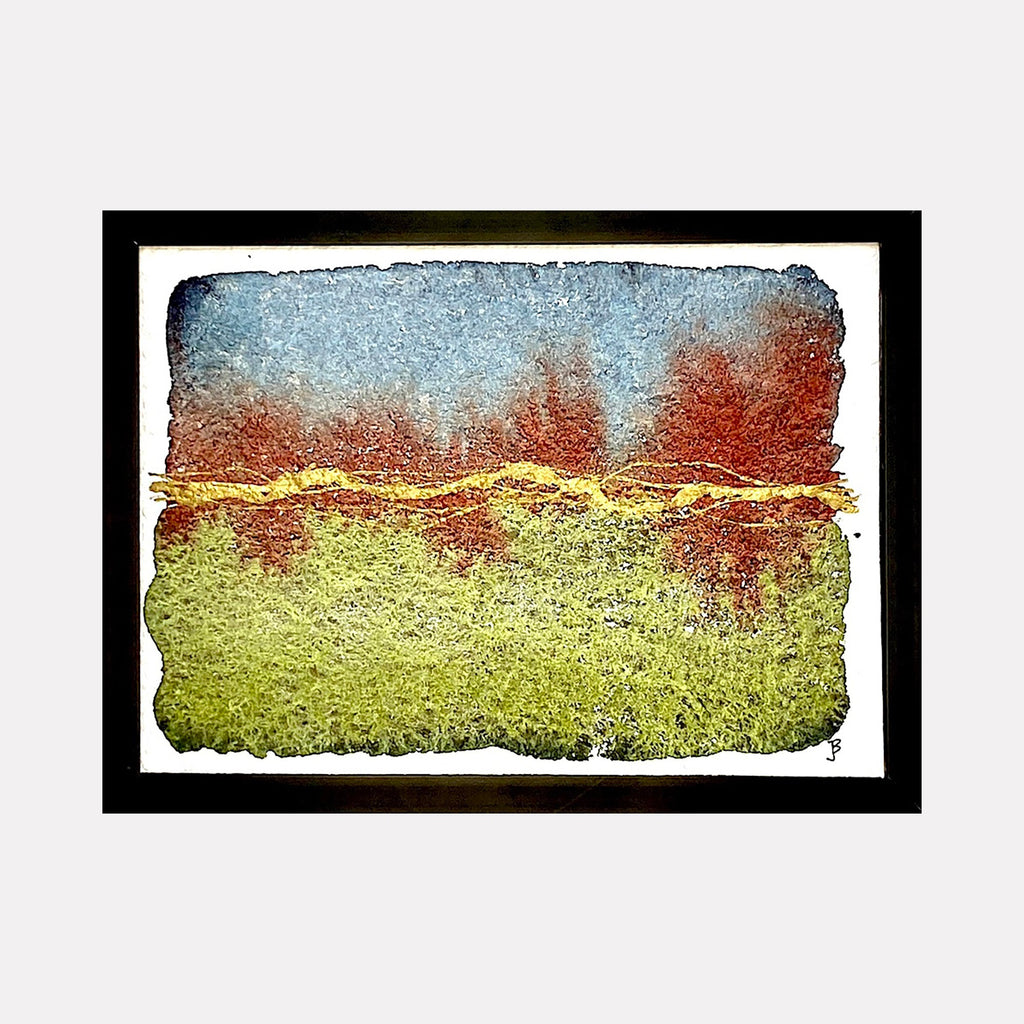 The artwork 'Mood: Patience' by Jocelyn Benford features an abstract landscape in watercolor, depicting a serene horizon where a rusty orange sky meets lime-green terrain. The textured composition showcases a gradient blue upper atmosphere, creating a contemplative natural scene with rough, torn-paper edges framed in black.