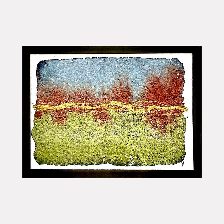 The artwork 'Mood: Patience' by Jocelyn Benford features an abstract landscape in watercolor, depicting a serene horizon where a rusty orange sky meets lime-green terrain. The textured composition showcases a gradient blue upper atmosphere, creating a contemplative natural scene with rough, torn-paper edges framed in black.