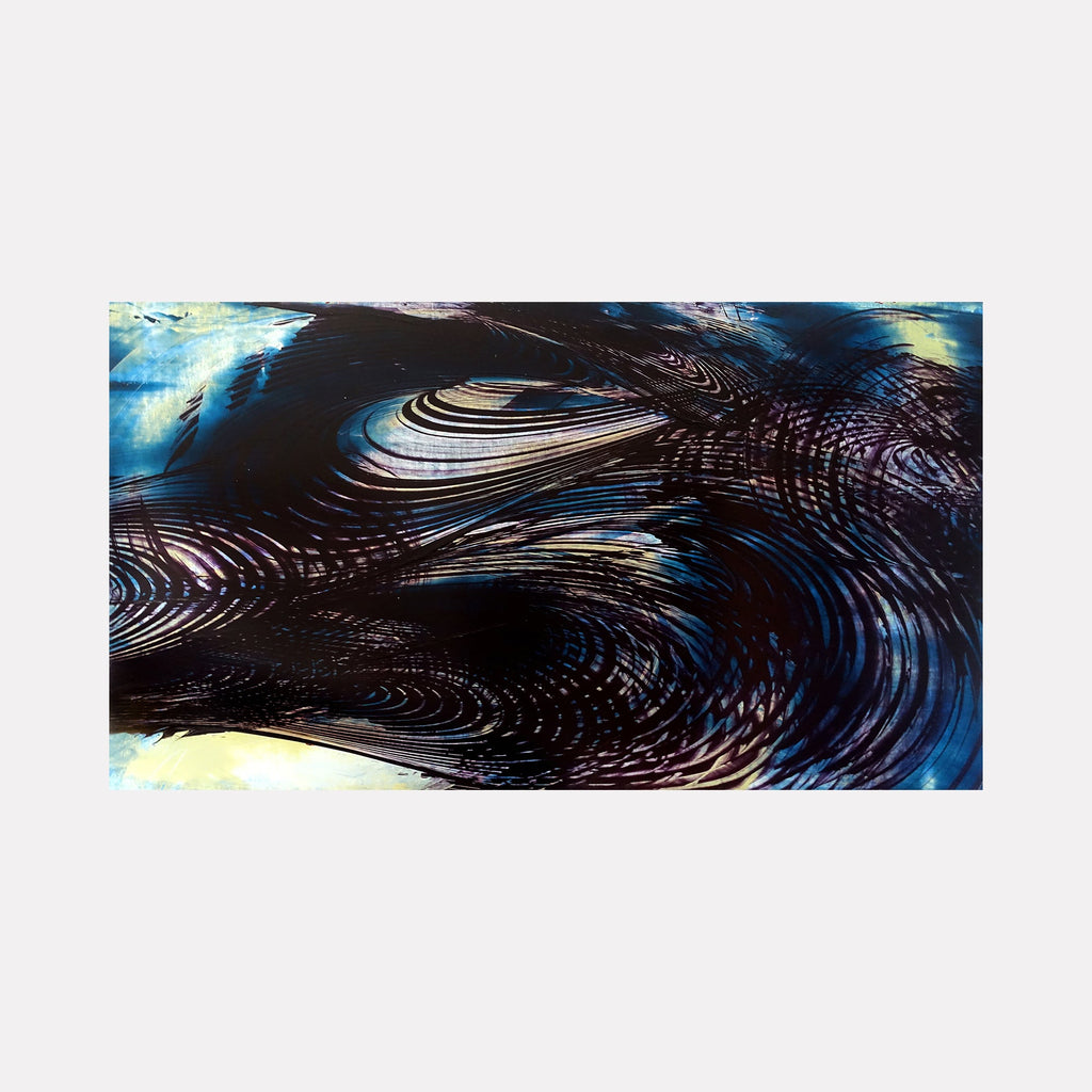 The artwork 'Rogue Station' by John Cox features dynamic swirling patterns in deep blues and blacks, reminiscent of cosmic waves or turbulent waters. Abstract ripples create mesmerizing concentric circles, enhanced by subtle touches of yellow and purple highlights. The acrylic on canvas painting showcases fluid movement and ethereal textures, measuring 32x57 inches.