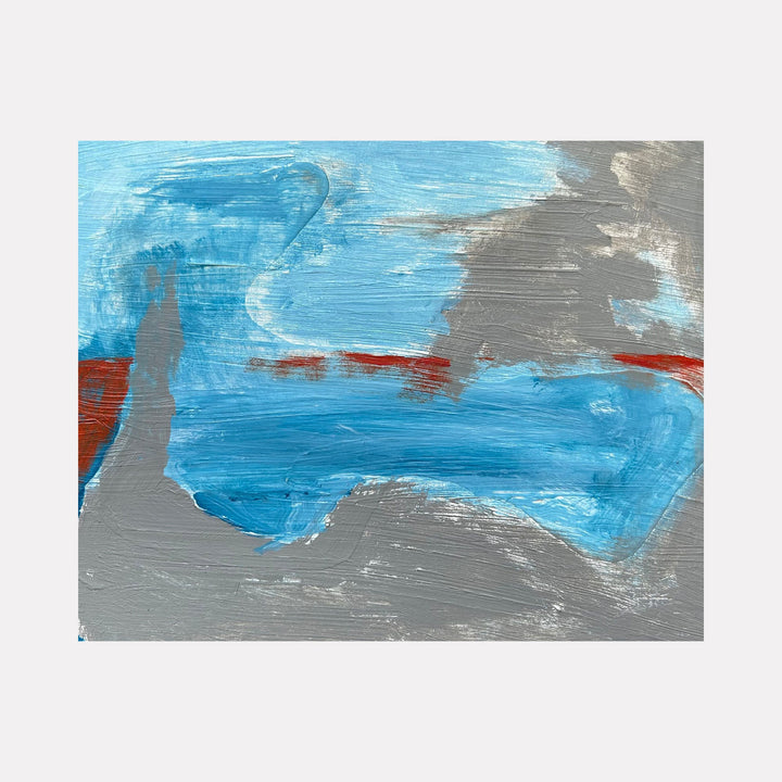 The artwork 'Sea Wall 18' by Beth Barry features bold brushstrokes of vibrant azure blue contrasting with cool gray tones and a striking horizontal streak of rust red. Abstract expressionist composition resembles turbulent ocean waves or coastal landscapes, painted in acrylic on panel with visible texture and energetic movement.