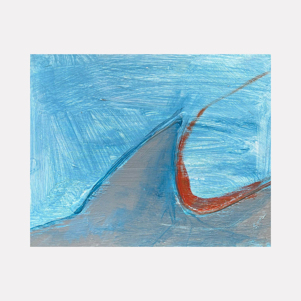 The artwork 'Sea Wall 24' by Beth Barry features dynamic brushstrokes in vibrant turquoise blue and gray, with a sweeping rusty orange curve creating movement across the composition. Abstract seascape painted in acrylic on panel captures the essence of waves and coastal elements through bold, gestural marks and fluid color transitions. Created by Beth Barry.