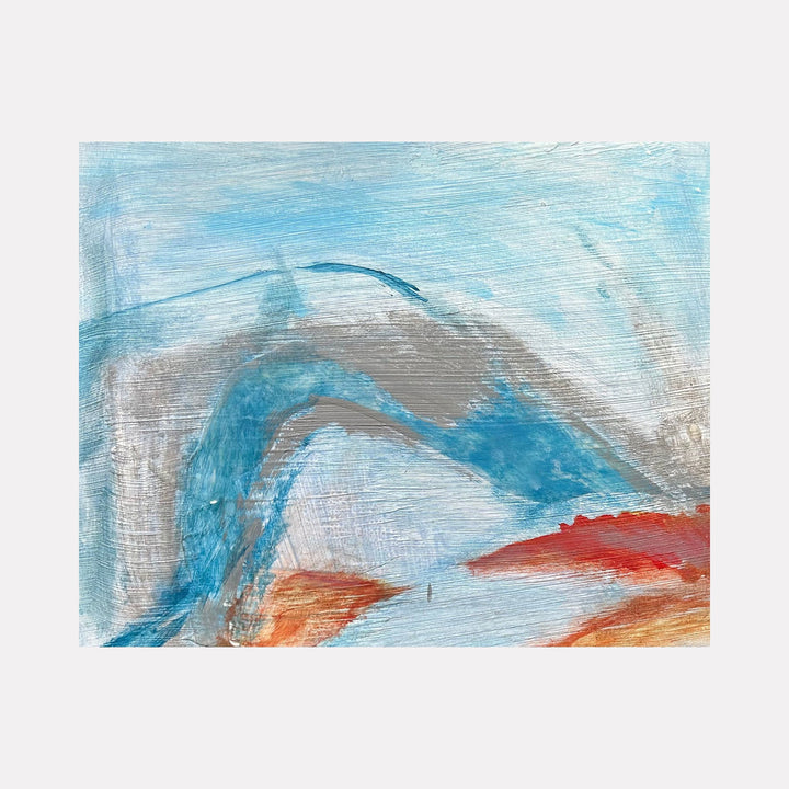 The artwork 'Sea Wall 36' by Beth Barry features sweeping curved brushstrokes in shades of turquoise blue and gray, complemented by warm orange-red accents against a light blue background. The abstract acrylic painting on panel creates a dynamic coastal landscape impression with fluid, gestural marks and layered textures.