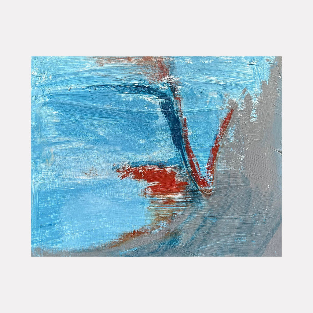 The artwork 'Sea Wall 40' by Beth Barry features bold brushstrokes in vibrant aqua blue and rust red tones against a textured gray background. Abstract expressionist acrylic painting on panel captures dynamic movement through sweeping gestural marks, suggesting coastal elements and maritime atmosphere in a contemporary style.