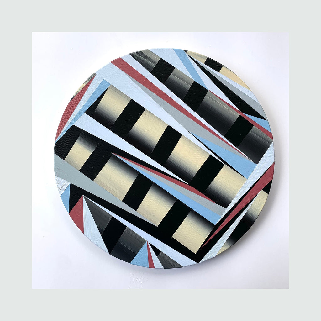 The artwork 'Sleepless' by Elyce Abrams features geometric abstract patterns on a round wood panel, combining black rectangular blocks with light cream gradients, intersected by pale blue and coral red diagonal stripes. The composition creates a dynamic architectural aesthetic, painted in acrylic on a 12-inch circular surface.