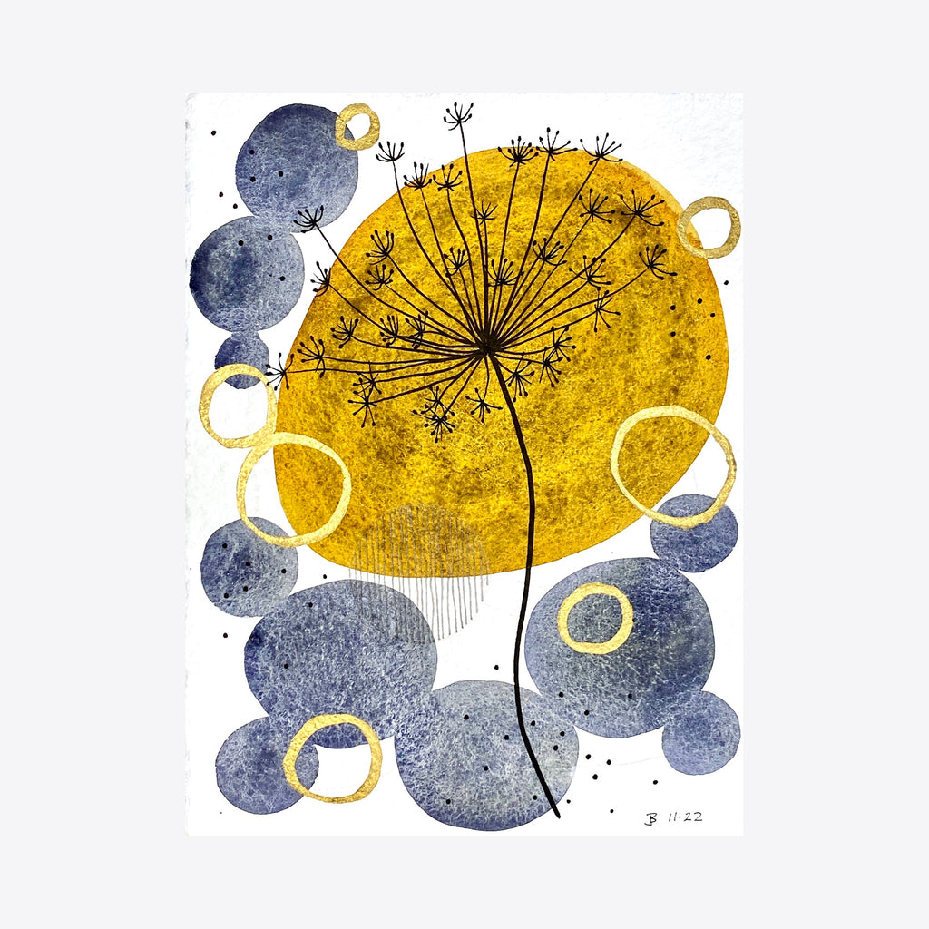 The artwork 'Stamina' by Jocelyn Benford features a striking dandelion silhouette against a large golden yellow circle, surrounded by navy blue organic shapes and delicate yellow rings. The watercolor technique creates textural effects, with speckled details and flowing forms in a modern, minimalist botanical style.