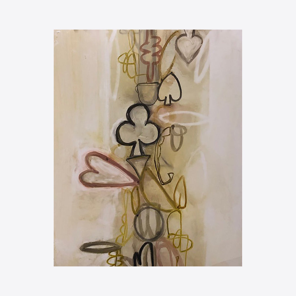 Study No. 18 by Janice La Motta features abstract playing card suits arranged vertically, including clubs, hearts, and spades rendered in loose, gestural brushstrokes. The composition uses muted tones of brown, black, and yellow against a cream background, creating a fluid, contemplative oil painting with soft edges and overlapping forms.