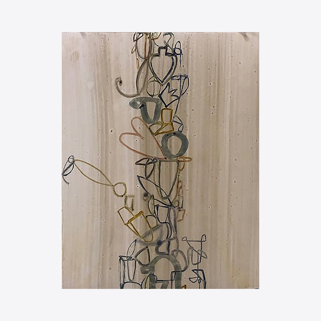 Study No. 19 by Janice La Motta features a vertical composition of abstract linear forms in muted blues, browns, and grays against a cream-colored background. The oil painting presents delicate, interconnected contour drawings suggesting stacked vessels or organic shapes, creating a flowing, rhythmic pattern up the 12x9 inch canvas. Artwork by Janice La Motta.