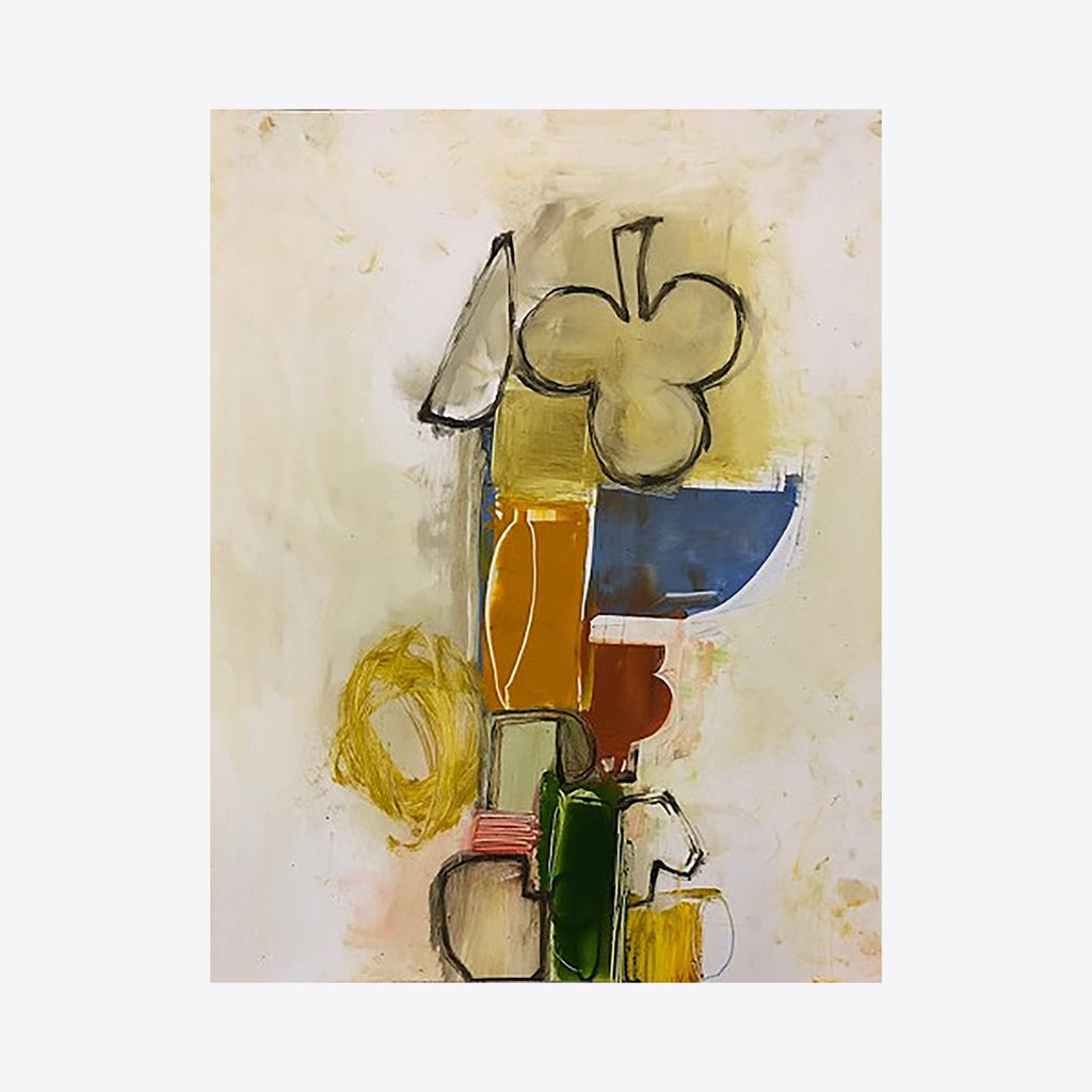 Study No. 1 by Janice La Motta features abstract geometric shapes and organic forms arranged vertically in vibrant colors including yellow, blue, brown, and green against a warm cream background. Bold black outlines define the playful composition, executed in oil and oil pastel with expressive brushwork and textural elements.