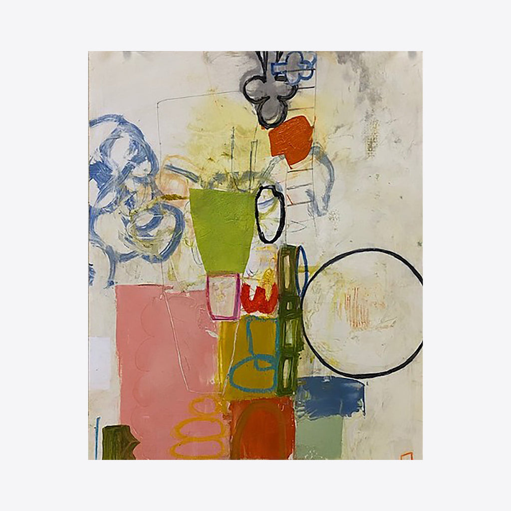 Study No. 21 by Janice La Motta features an abstract composition with geometric shapes and fluid lines. Bold blocks of pink, green, and red interact with delicate blue sketches and a prominent black circle. Mixed media technique combines oil paint's richness with oil pastel's textural elements and colored pencil's precise detailing. By Janice La Motta.