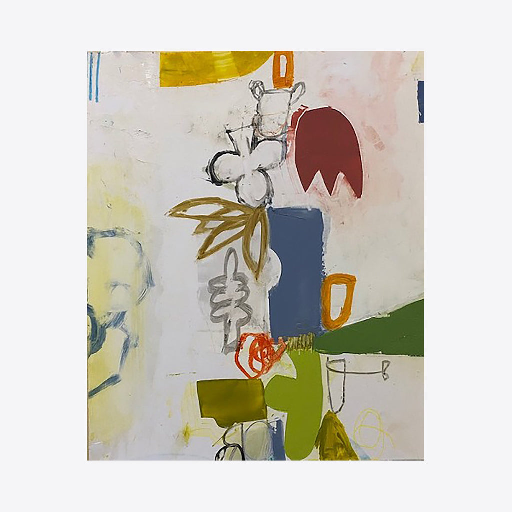 The artwork 'Study No. 22' by Janice La Motta features abstract floral elements rendered in oil and oil pastel. Loose sketched lines form delicate botanical shapes against a soft cream background, with bold color blocks in mustard yellow, burgundy, navy blue, and olive green. The composition balances gestural marks with geometric forms, creating a modern, minimalist interpretation of a still life.