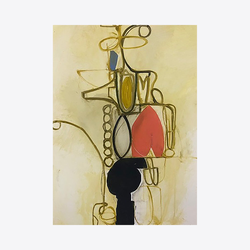 Study No. 8 by Janice La Motta features abstract linear composition in oil with flowing gold curves and geometric shapes including a prominent black circular form, coral heart shape, and olive oval against a warm cream background. Minimalist modernist style with delicate brushwork combines organic and angular elements.