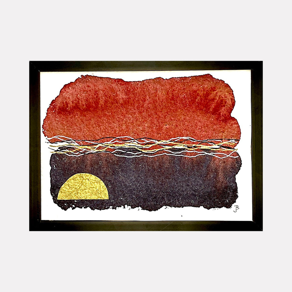 The artwork 'Mood: Willingness' by Jocelyn Benford features a striking abstract landscape in watercolor and mixed media. A vibrant rust-red sky dominates the upper portion, while a deep brown earth tone grounds the lower half. A golden yellow semi-circle suggests a rising or setting sun, with undulating white and gray lines creating a dynamic horizon, all rendered on textured paper.