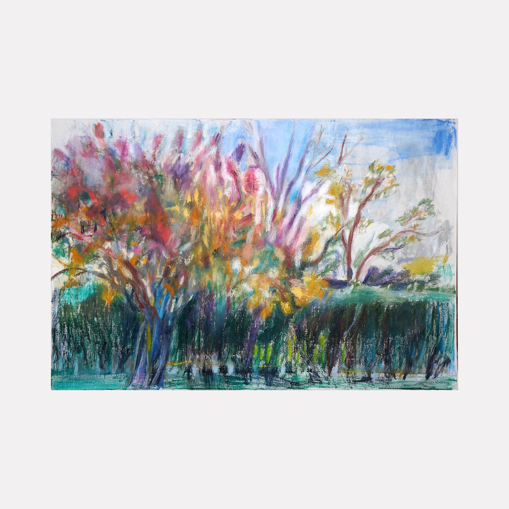 The artwork 'Hydrangea' by Maureen Shea features vibrant impressionistic landscape with blooming trees in pink, purple, and orange hues against a bright blue sky. Expressive brushstrokes capture lush green foliage in the foreground, creating a dynamic garden scene rendered in oil on linen with ethereal, dreamlike quality.
