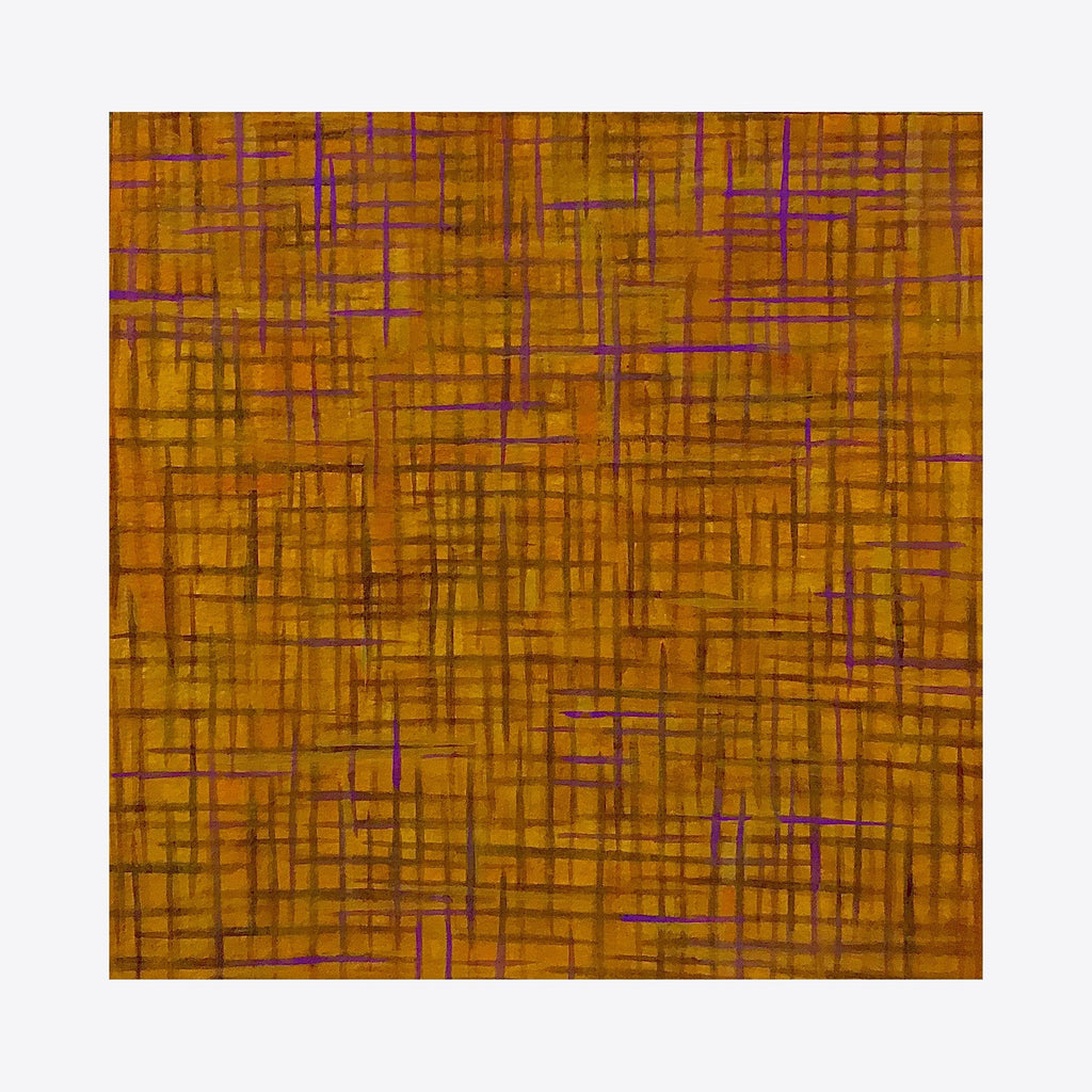 Terminal Leaves by Joe Piscopia features an abstract grid pattern composed of intersecting ochre and purple lines on a warm amber background. The gouache painting creates a textural crosshatch effect, reminiscent of woven fabric or digital circuitry, with varying line weights and subtle color transitions - by Joe Piscopia