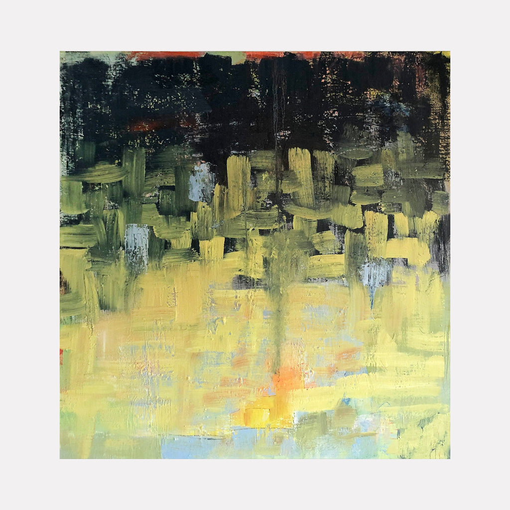 The artwork 'Remembrance of Things Past' by Petra Nimtz features an abstract expressionist composition with bold brushstrokes transitioning from deep forest greens at the top to luminous yellows and soft blues below. Textural impasto technique creates dynamic movement across oil on linen canvas, evoking a dreamlike landscape. 45x49 inches.