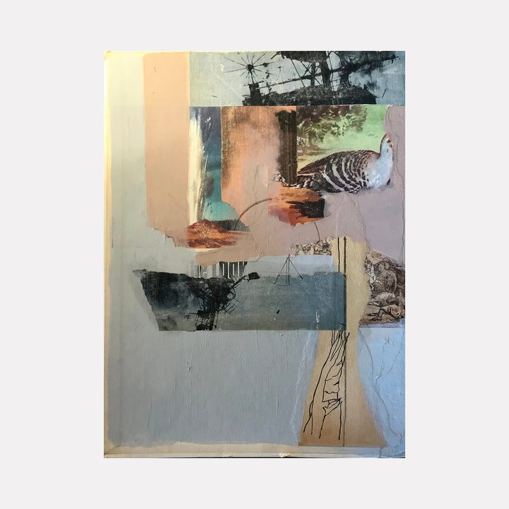 Artwork 'Playground 1' by Sinejan Kılıç Buchina features an abstract mixed media collage combining vintage book covers with acrylic paint. The composition displays muted gray, peach, and pale blue tones, with a distinctive bird illustration fragment. Geometric shapes and layered textures create a nostalgic, deconstructed aesthetic on a 9x12 inch surface.