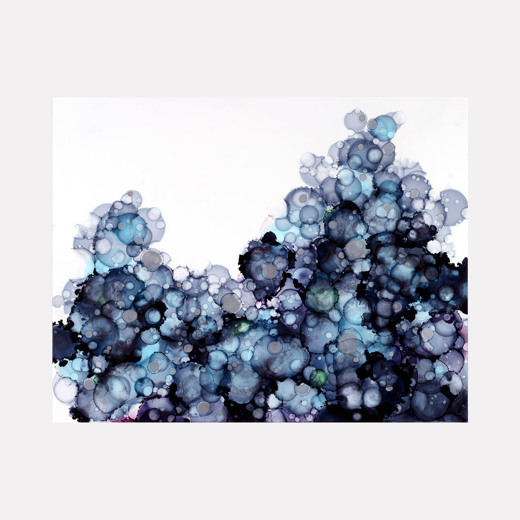 The artwork 'Clouds 18' by Sonomi Kobayashi features ethereal abstract cloud formations in alcohol ink, with cascading bubbles and organic shapes in varying shades of blue, navy, and turquoise. The fluid ink creates translucent layered effects, resembling storm clouds with delicate bubble-like textures against a clean white background.