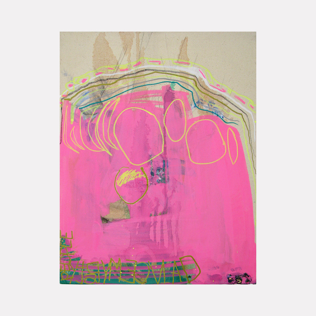 Music Painting no.1 by Songyi Kim features vibrant pink abstract composition with flowing circular forms in yellow and gray. Dynamic brushstrokes and gestural marks create movement across canvas, complemented by neon green accents. Mixed media artwork combines oil paint, markers and glue, creating textural depth on 18x14 inch canvas.