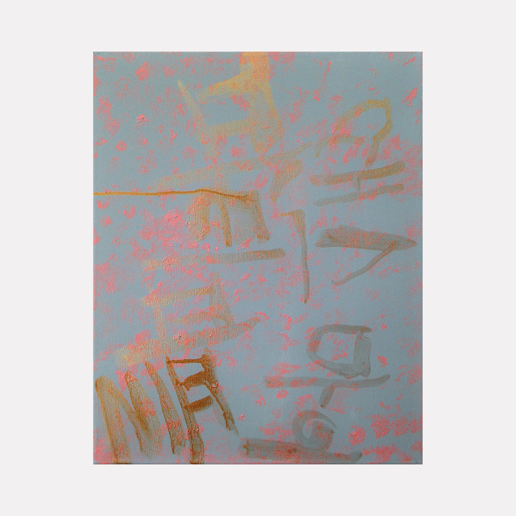 The artwork 'Music Painting no.2' by Songyi Kim features abstract musical motifs in metallic gold and soft coral pink against a serene blue-grey canvas background. Dynamic brushstrokes create flowing, rhythmic patterns suggesting musical notes and instruments in motion, painted with acrylic and metallic watercolor in an ethereal, dreamlike style. 20x16 inches. By Songyi Kim.