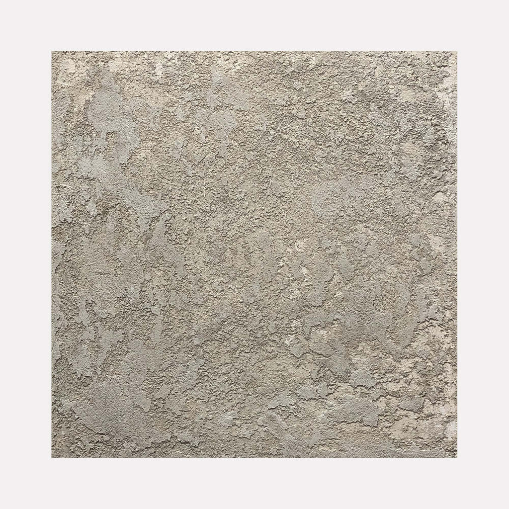 The artwork 'Sediment VI' by Jacqueline Ferrante features a textured abstract composition with a rugged, cement-like surface in varying shades of cool grey. The rough, industrial texture creates a weathered appearance with subtle depth variations and organic patterns reminiscent of natural stone or concrete, executed in acrylic and cement on birch panel.