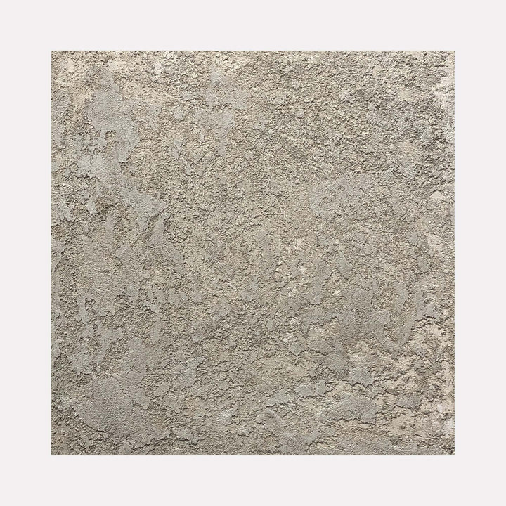 The artwork 'Sediment VI' by Jacqueline Ferrante features a textured abstract composition with a rugged, cement-like surface in varying shades of cool grey. The rough, industrial texture creates a weathered appearance with subtle depth variations and organic patterns reminiscent of natural stone or concrete, executed in acrylic and cement on birch panel.