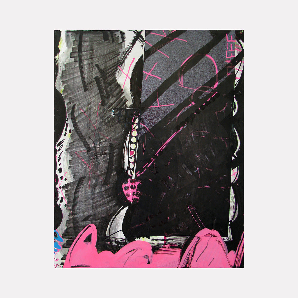 The artwork 'Music Painting no.4' by Songyi Kim features bold abstract strokes in black and vibrant pink against a dark background. Dynamic brushwork creates a sense of musical movement, with sweeping lines and geometric shapes. The piece combines acrylic paint, marker details, and reflective foil film, creating textural contrast and rhythmic composition on canvas. By Songyi Kim.