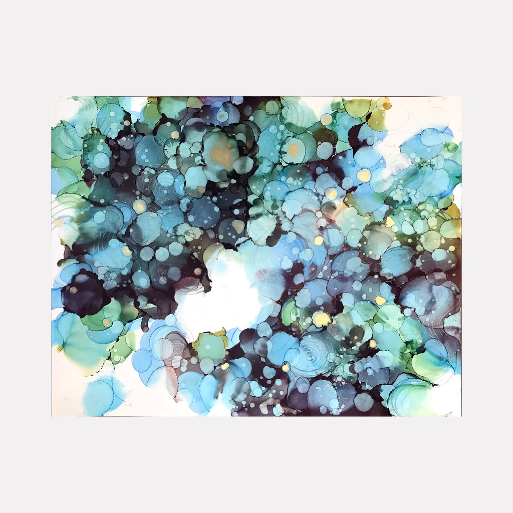 The artwork 'Minamo 6' by Sonomi Kobayashi features ethereal alcohol ink patterns on Yupo paper, displaying organic bubbles and fluid formations in tranquil shades of turquoise, navy, and seafoam green. The abstract composition evokes an underwater landscape with floating orbs and translucent layers creating depth and movement.