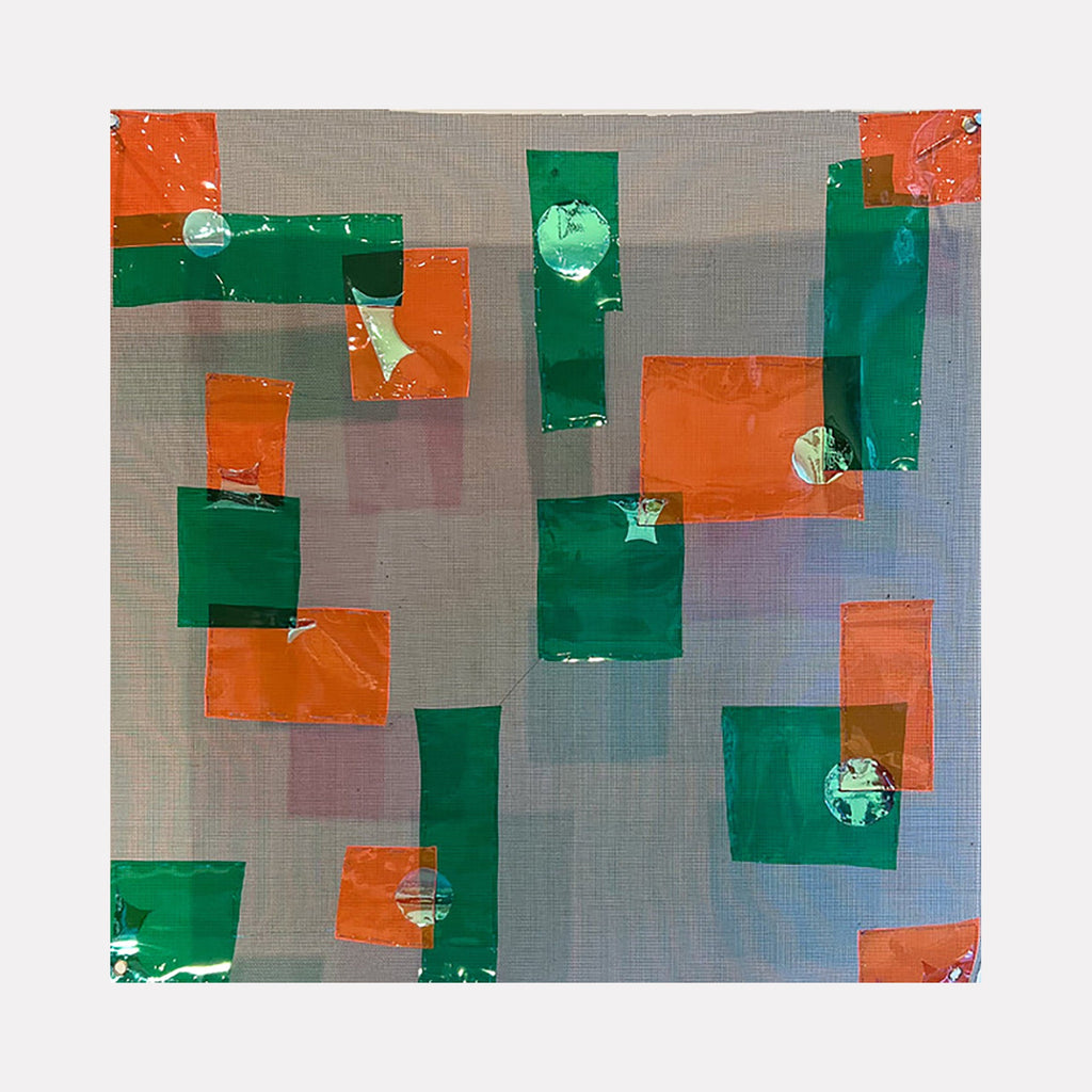 The artwork 'Punctuation' by Cecilia Andre features geometric vinyl shapes in vibrant orange and emerald green arranged on a gray fiberglass mesh background. The squares and rectangles create a rhythmic pattern, with stitched details adding texture. The 30x30 inch contemporary piece combines bold colors and minimalist design elements.