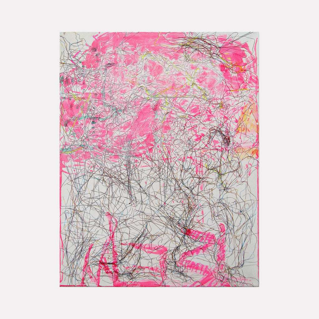 Music Painting no.5 by Songyi Kim features an abstract composition with vibrant neon pink marks interweaving with chaotic gray linear scribbles on a light background. The dynamic gestural markings create a sense of musical rhythm and movement across the canvas, combining paint marker techniques with collage elements. 20x16 inches by Songyi Kim.