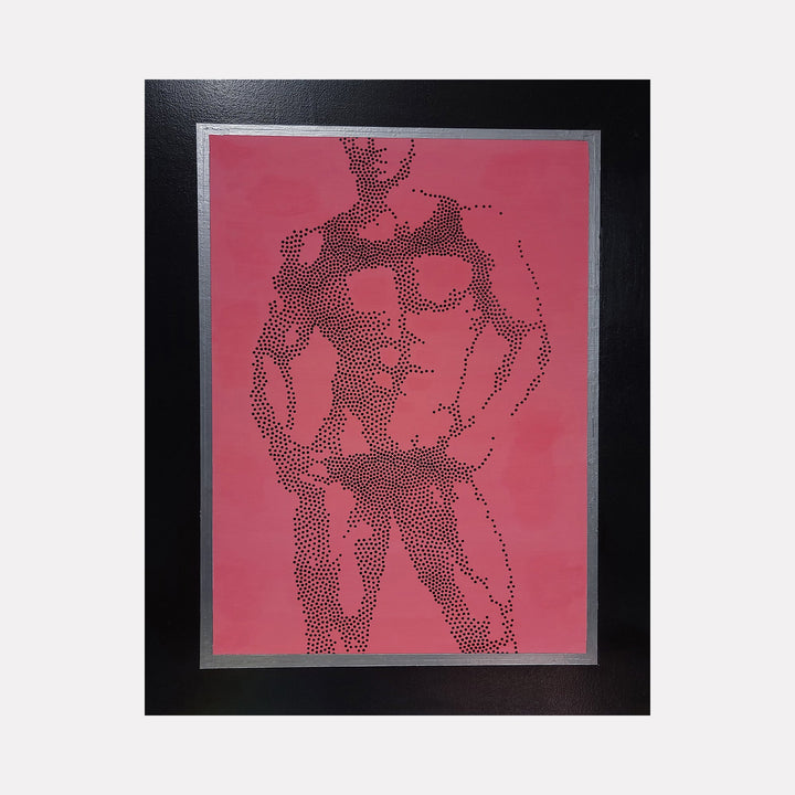 The artwork 'Pose For Me - Neon Pink Edition' by IvIvI features a stippled figure silhouette rendered in black dots against a vibrant pink glow-in-the-dark acrylic background. The minimalist composition is framed by hand-painted black and silver borders on gessobord, creating a striking contrast with the neon pink surface.