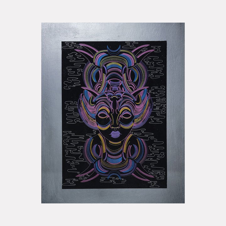 The artwork 'The Light & Dark Within Me - Dark Neon Edition' by IvIvI features a striking abstract line art design on black acrylic, depicting swirling neon curves in vibrant purple, blue, and pink creating a symmetrical face-like pattern with ornate details, bordered by a hand-painted silver frame on gessobord.