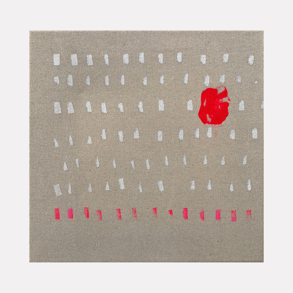 The artwork 'Pink Dots' by Songyi Kim features a minimalist composition on raw canvas with rows of white and pink rectangular dots arranged in a grid pattern, interrupted by a striking red organic shape. Created with acrylic and paint marker, the 12x12 inch piece balances geometric precision with abstract elements on a neutral gray background. By Songyi Kim.