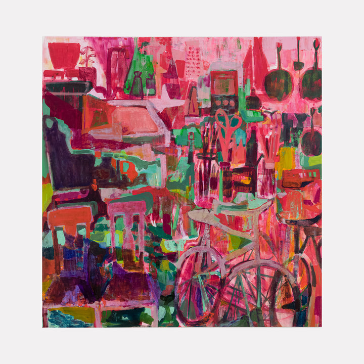 The artwork 'Catch All' by Allison Gildersleeve features a vibrant abstract composition with overlapping shapes in bold pink, red, and green hues. The painting depicts a busy, dynamic scene with geometric forms and linear elements, suggesting urban objects and everyday items rendered in expressive brushstrokes. Oil and acrylic on canvas create rich textural layers and energetic movement across the 52x50 inch surface.
