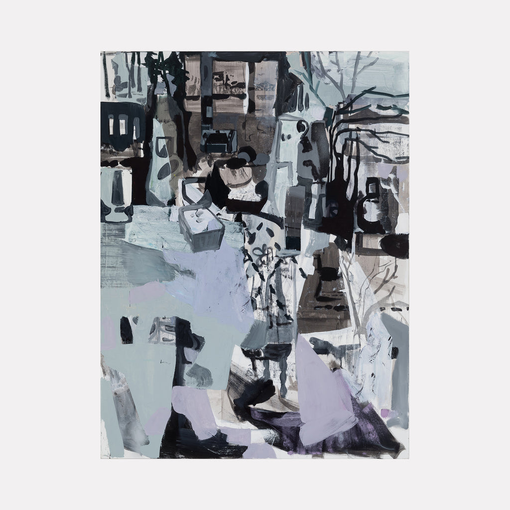 The artwork 'Double Negative' by Allison Gildersleeve features an abstract composition with dynamic black and gray brushstrokes against a pale lavender background. The painting combines geometric and organic forms, creating a fragmented landscape-like scene with bold contrasts in oil, acrylic, and spray paint techniques. Angular shapes and gestural marks interweave throughout the 58x44 inch canvas.
