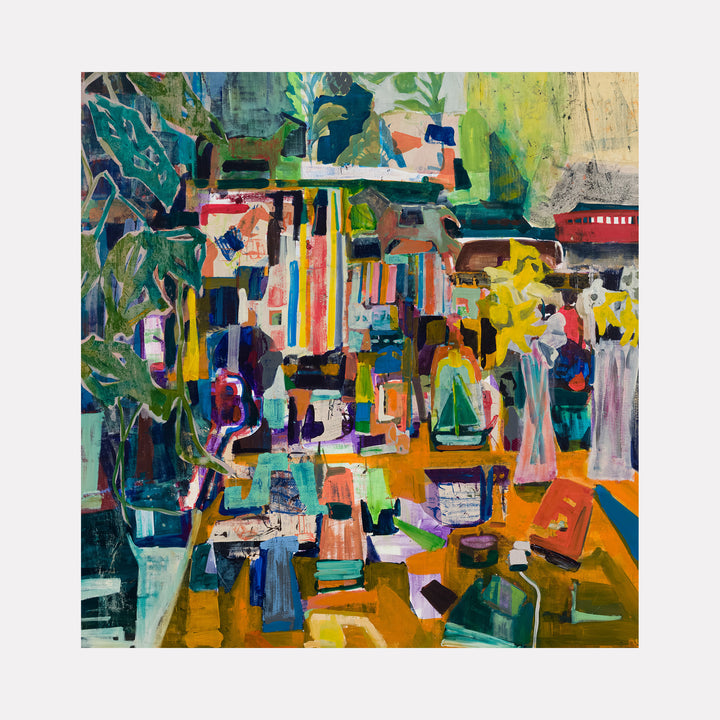 The artwork 'Family Portrait' by Allison Gildersleeve features a vibrant abstract composition with layered geometric shapes in bold oranges, teals, and yellows. The painting combines oil and acrylic techniques to create a dynamic scene with overlapping rectangular forms, organic plant-like elements, and energetic brushstrokes, suggesting a bustling interior space. Bold vertical stripes and contrasting dark blues add depth to the 52x50 inch canvas