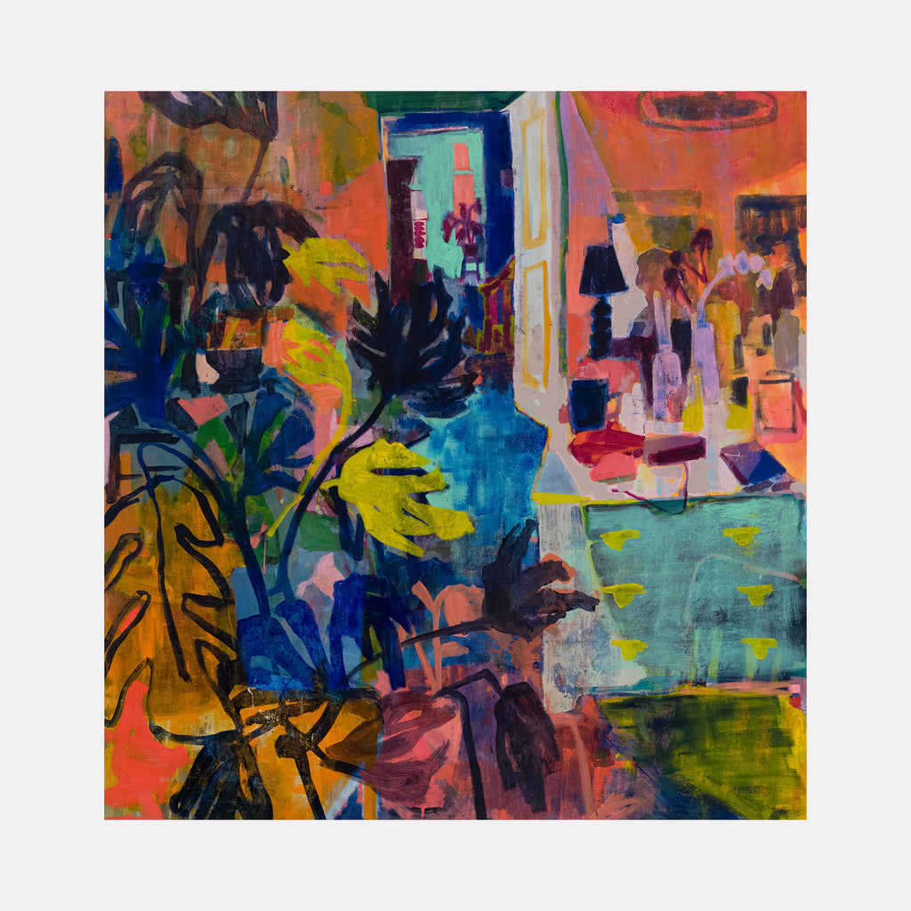 The artwork 'Of What Then' by Allison Gildersleeve features vibrant abstract interior scene with bold tropical foliage in deep blues and yellows dominating the foreground. The composition blends oil and acrylic in expressive brushstrokes, creating a dynamic interplay of warm corals, turquoise, and emerald tones. The painting suggests a domestic space with layered, gestural marks and architectural elements by Allison Gildersleeve.