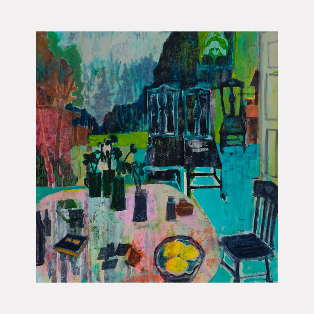 The artwork 'Play the Hand' by Allison Gildersleeve features a vibrant interior scene with chairs arranged around a table, rendered in bold turquoise, black, and pink tones. The oil and acrylic painting captures a dynamic composition with abstract elements, including a yellow circular form on the table and green foliage-like shapes in the background, creating a layered, expressionistic interpretation of a domestic space. By Allison Gildersleeve.