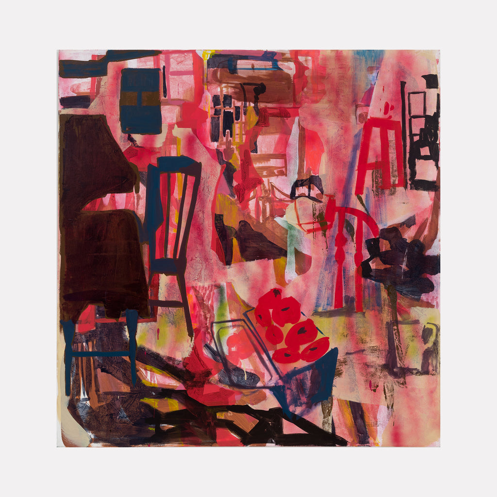The artwork 'Red Rooms' by Allison Gildersleeve features an abstract composition dominated by vibrant reds and deep burgundy tones. Abstract geometric shapes and fluid forms interweave across the canvas, creating a dynamic interior space. Bold brushstrokes in navy blue, pink, and golden accents add depth, while spray paint techniques create textural elements throughout the mixed-media piece. Allison Gildersleeve