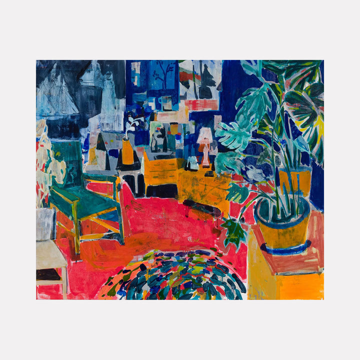 The artwork 'Riptide' by Allison Gildersleeve captures a vibrant interior scene with abstract elements, featuring bold reds, blues, and yellows. A patterned rug anchors the composition, surrounded by stylized furniture and potted tropical plants. The expressive brushwork creates a dynamic, fragmented space using oil and acrylic techniques, merging domestic objects with energetic abstract forms.