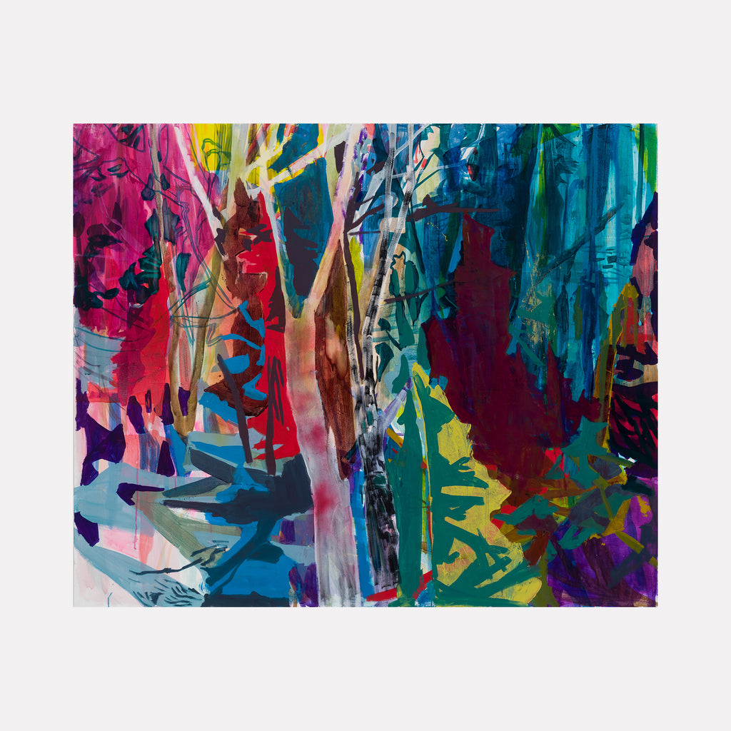 The artwork 'Slice' by Allison Gildersleeve features an abstract forest-like composition with vibrant intersecting strokes in magenta, teal, and yellow. Dynamic vertical brushstrokes suggest tree forms while splashes of paint create a dense, layered effect. The mixed media painting combines oil, acrylic, and spray paint techniques on canvas, creating a vivid abstract landscape.