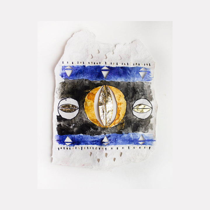 Artwork 'Cucurbitas II' features a modern botanical illustration on a plastic grocery bag, depicting three spherical seed pods against contrasting bands of deep blue and black. A central golden orb adorned with 24k gold leaf is flanked by two smaller pods, showcasing intricate ink details and geometric patterns by Adina Andrus.