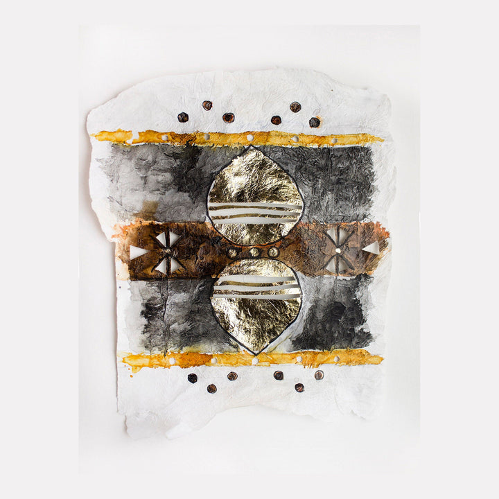 The artwork 'Rapas' by Adina Andrus features abstract geometric composition on a plastic grocery bag. Two metallic gold circular forms dominate the center, surrounded by rich black ink textures. Golden yellow horizontal stripes accent the top and bottom, with small black dots creating rhythmic patterns. The mixed media piece combines 24k gold and ink in a contemporary style.