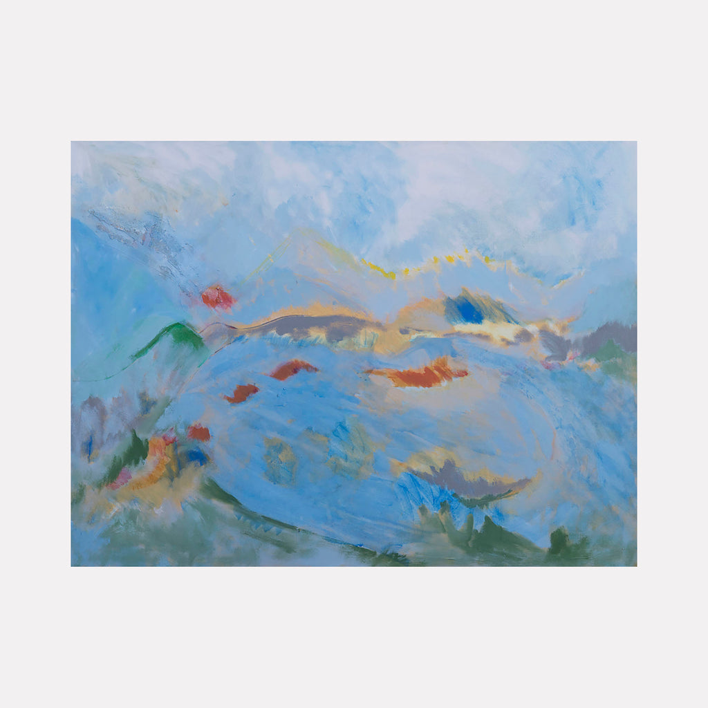 The artwork 'Gestural Landscape' by Beth Barry features sweeping brushstrokes creating an abstract mountainous scene with vibrant blues dominating the composition, accented by coral, yellow, and green elements. Dynamic acrylic textures suggest rolling hills and atmospheric clouds in an expressionistic style, painted on canvas at 30x40 inches.
