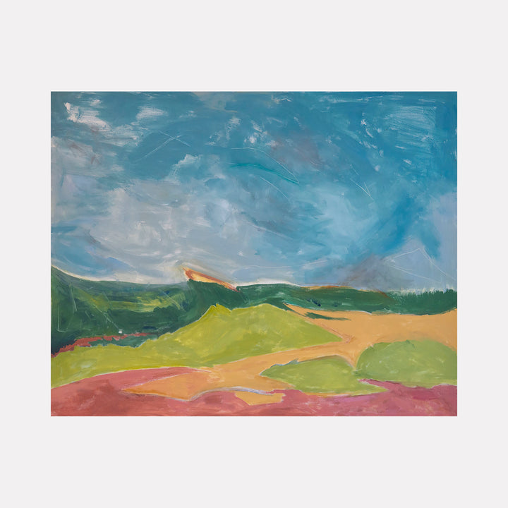 The artwork 'Colors of Autumn' by Beth Barry captures an impressionistic landscape with rolling hills in vibrant greens and coral pinks beneath a dynamic turquoise sky. Bold brushstrokes create textural movement across the 48x60 inch acrylic canvas, depicting undulating terrain and distant mountains in an abstract expressionist style. Beth Barry.