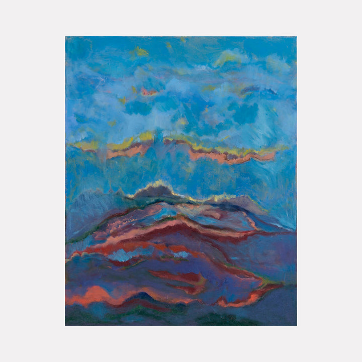 The artwork 'Filtered Light' features a vibrant abstract landscape with layered mountain forms in deep purples and rusty oranges against a luminous turquoise sky. Fluid brushstrokes create dynamic movement across the canvas, suggesting shifting light and atmospheric effects. An impressionistic style acrylic painting by Beth Barry.