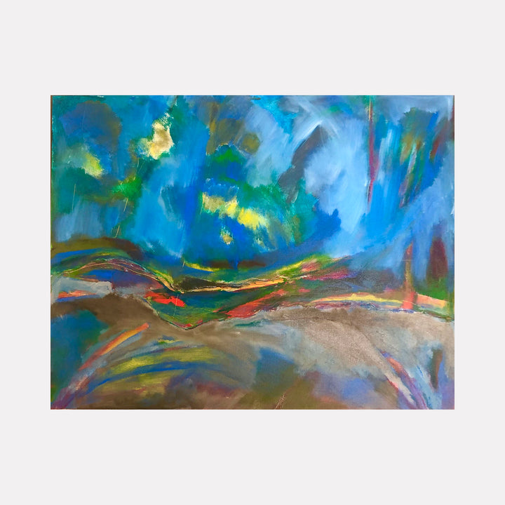 The artwork 'Fun House' by Beth Barry features a vibrant abstract landscape with sweeping brushstrokes of deep turquoise and azure blues dominating the sky, accented by bursts of luminous yellow. The foreground shows flowing earth tones and coral streaks creating dynamic movement across an impressionistic terrain. Painted in acrylic on canvas with expressive, gestural strokes. By Beth Barry.