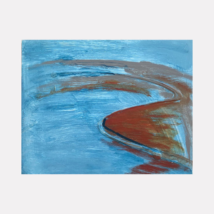 The artwork 'Seawall #11' by Beth Barry features a bold curved shoreline in rich terracotta red against a vibrant azure blue background. The abstract composition showcases dynamic brushstrokes and textural elements created with acrylic paint on panel, capturing the organic movement and rhythm of coastal landscapes.