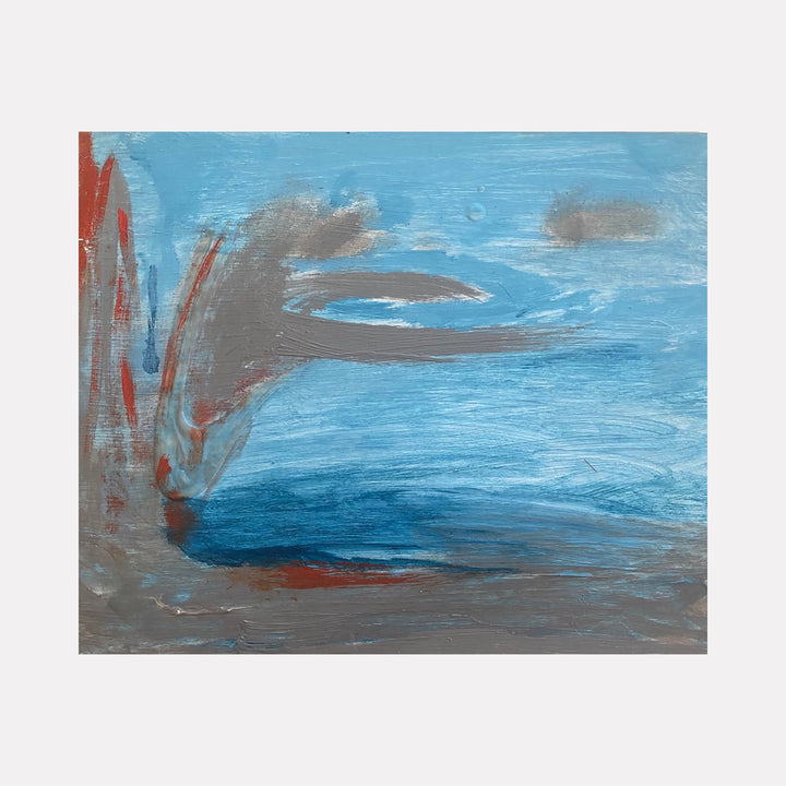 The artwork 'Seawall #31' by Beth Barry features dynamic brushstrokes in shades of cerulean blue and stormy gray, with accents of coral red. Abstract seascape composition captures the movement of waves and coastal elements through expressive acrylic application on panel, creating a moody maritime atmosphere with layers of textured paint interweaving across the 8x10 surface.