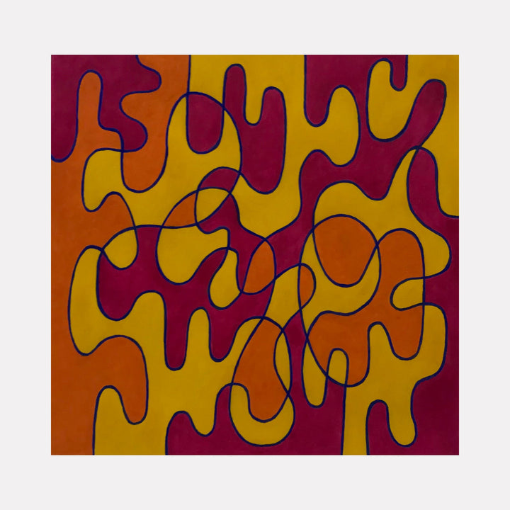 The artwork 'Burning Braid' by Joe Piscopia features abstract flowing shapes in vibrant burgundy, golden yellow, and burnt orange hues. The organic, interlocking curves create a dynamic pattern reminiscent of molten lava or intertwined braids. Painted in gouache on watercolor paper, the 8x8 inch piece showcases smooth color transitions and bold outlines by Joe Piscopia.