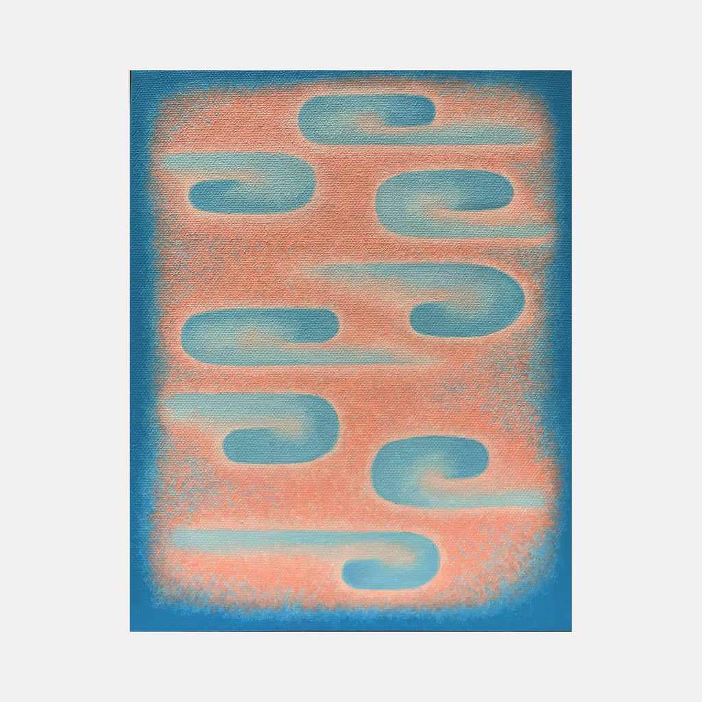 The artwork 'Close your eyes and i'll kiss you' by Joe Piscopia features abstract swirling turquoise clouds floating against a coral pink background, creating a dreamy atmospheric effect. The 10x8 inch acrylic painting showcases soft gradient edges and ethereal curved forms reminiscent of floating wisps or gentle waves. By Joe Piscopia.